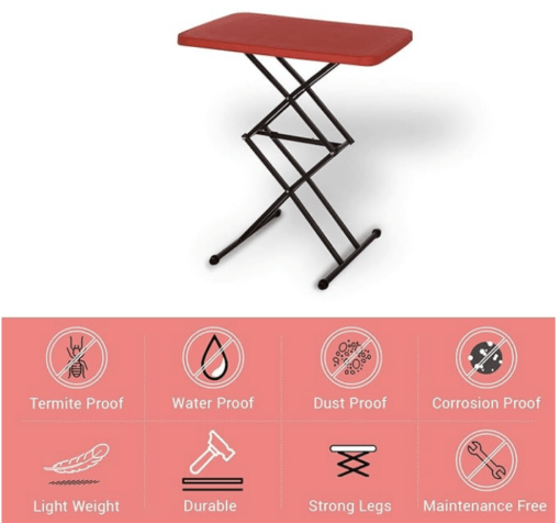 Supreme Scissor Height-Adjustable Multi-Purpose Plastic Table for Work from Home, Study, Dining & Outdoor (Red, Folding table, Rectangular) - Image 2